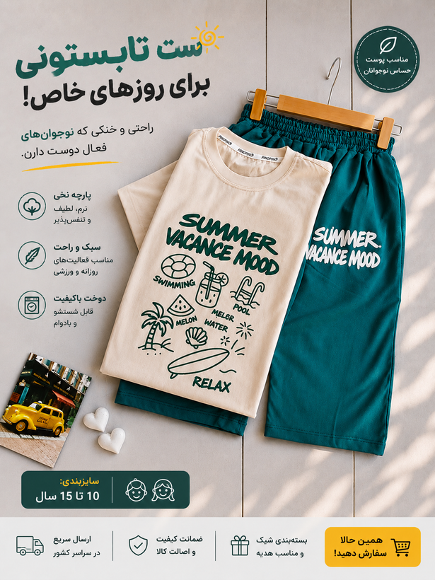 ست تیشرت و شلوارک دخترانه تابستونی | مناسب ۱۰ تا ۱۴ سال